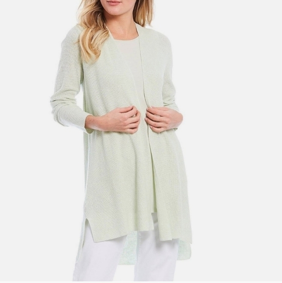 Eileen Fisher Mist Lt Green Linen Crepe Stretch Long Cardigan - Picture 1 of 8